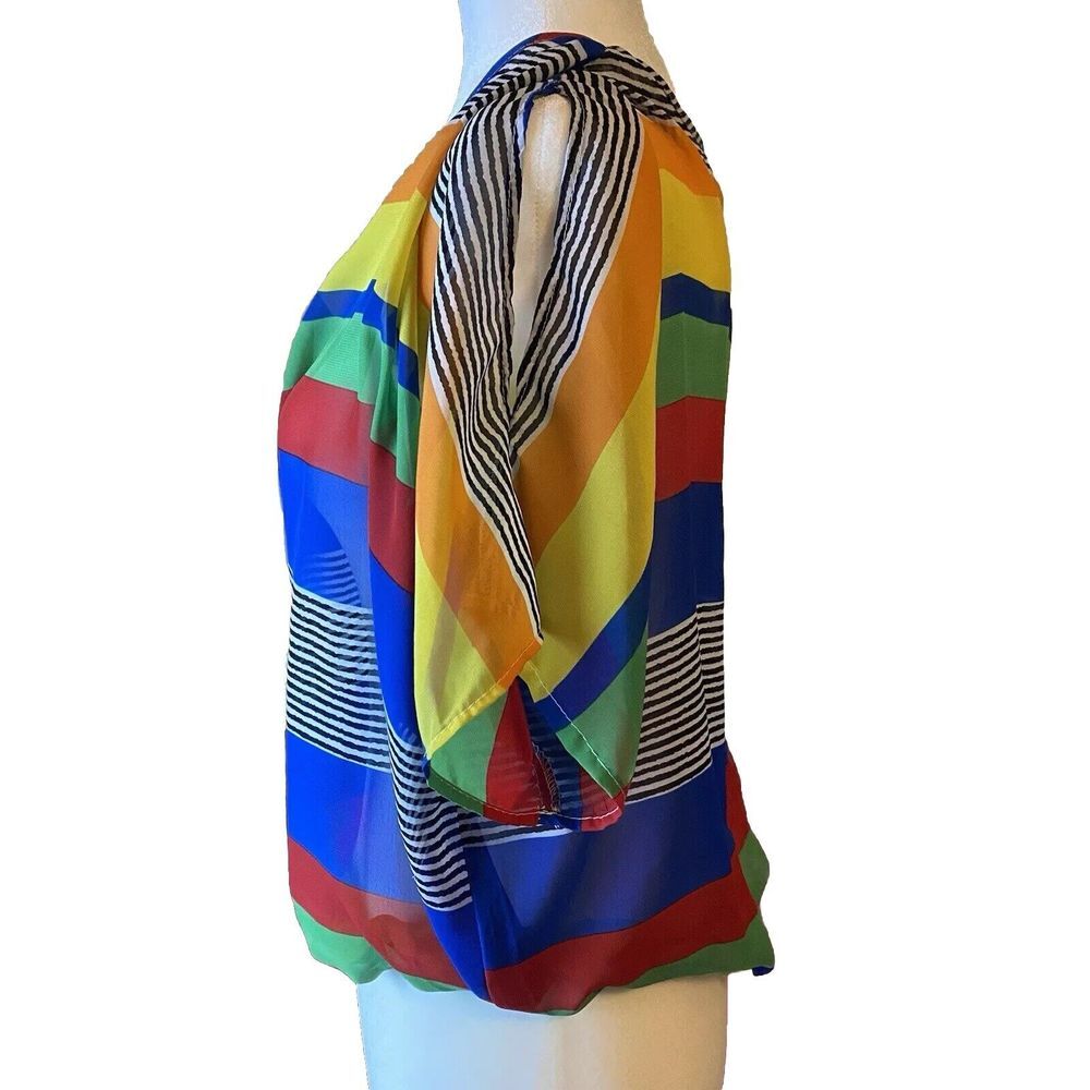 Pink Collection Size XL Cropped Top‎ Bright Stripes Sheer Cold Shoulder Flaw - Picture 4 of 9